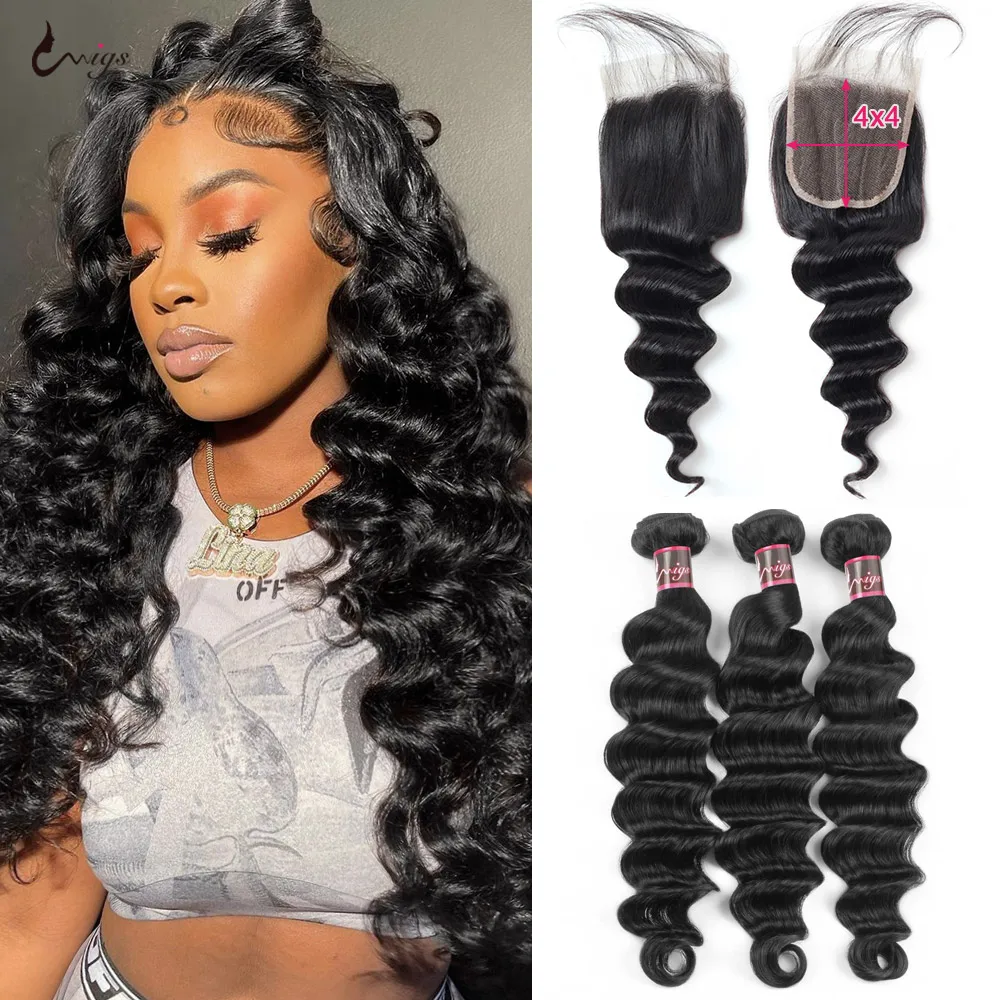 

Uwigs Loose Deep Wave Human Hair Bundles With Closure On Sale Brazilian Hair Weave Extension With 4X4 Frontal Closure For Women