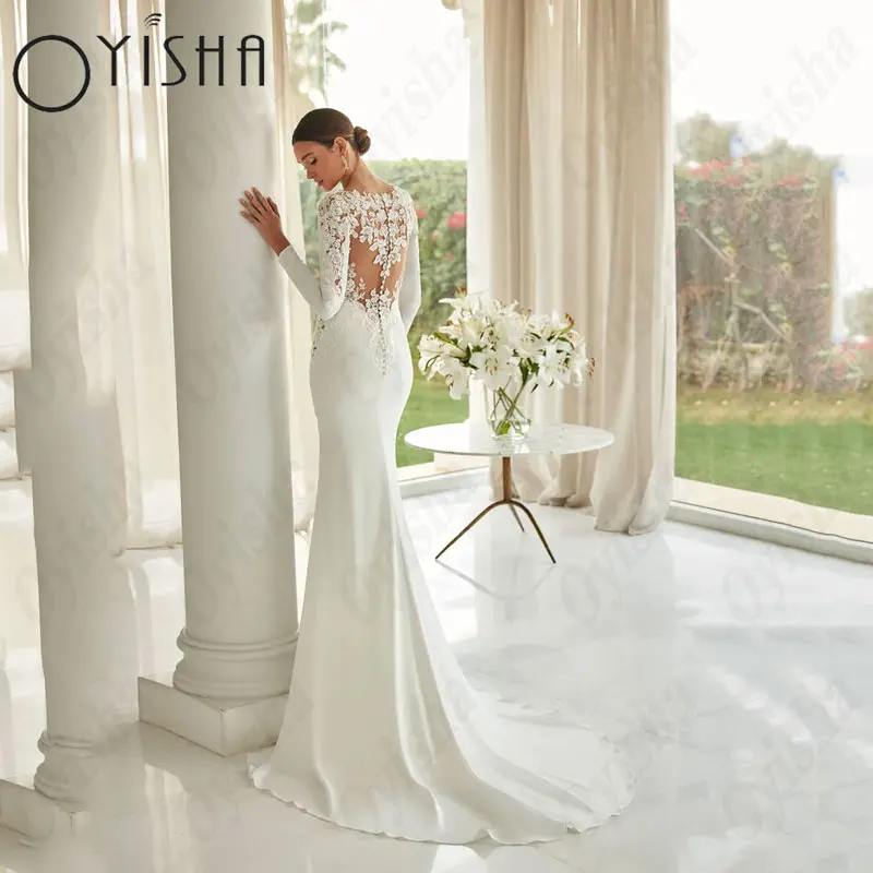 OYISHA-vestidos De novia De sirena con cuello en V, mangas completas simples, satén blanco, apliques elegantes, Vestido De boda clásicoVestido de novia de sirena de cuello V oyisha vestido de novia blanco de satén simp