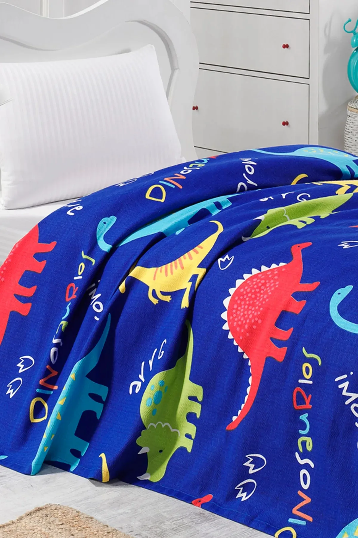 Faiend Home Natural Pique Printed Single Dinosaur Blue, Enjoy Luxurious Comfort. Made of 100% Cotton Yarn.