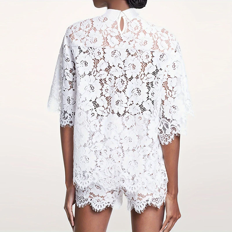 Sexy Lace Embroidery Hook Flower Hollow Crochet Set Women 2 Pieces Polo-Neck Button Tops And Shorts Outfits Spring Summer Suits