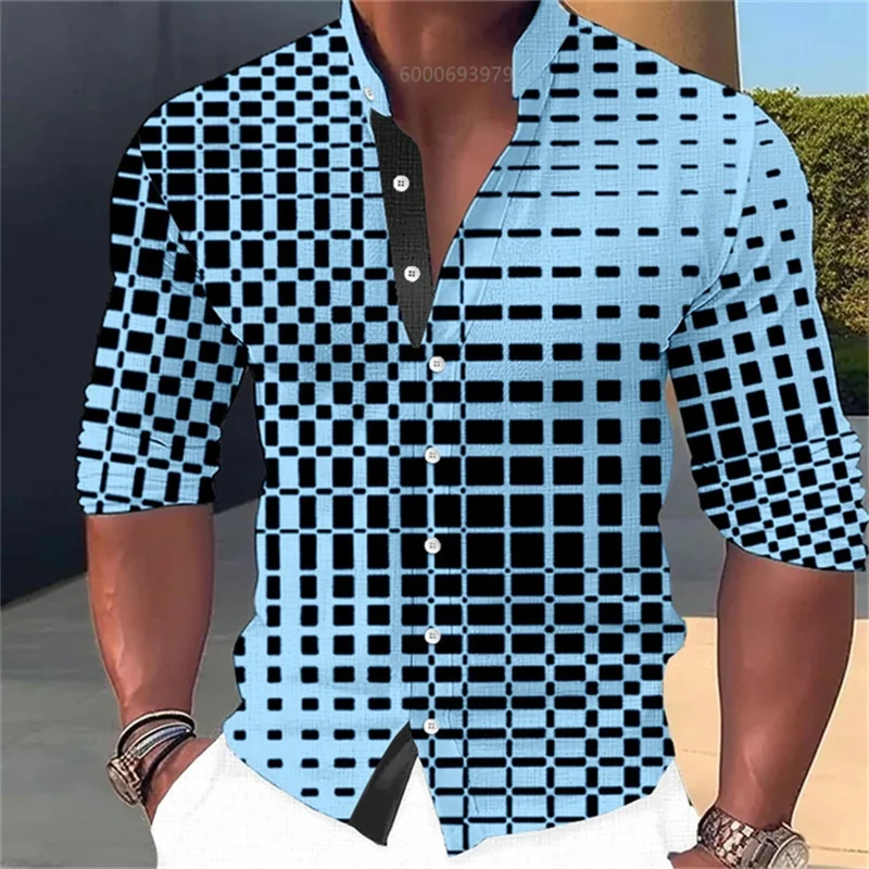 Men's checkered geometric pattern shirt, long-sleeved, fashionable street style, designer stand-collar shirt, black and white.