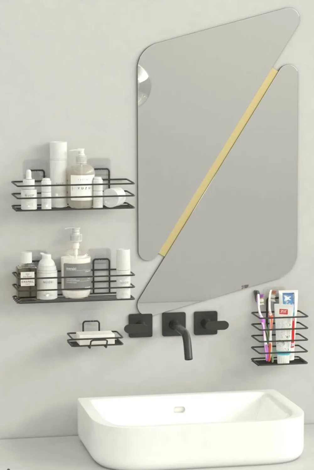 Adhesive Bathroom Set Shower Shelf + Soap Dish + Toothbrush Holder Metal Set