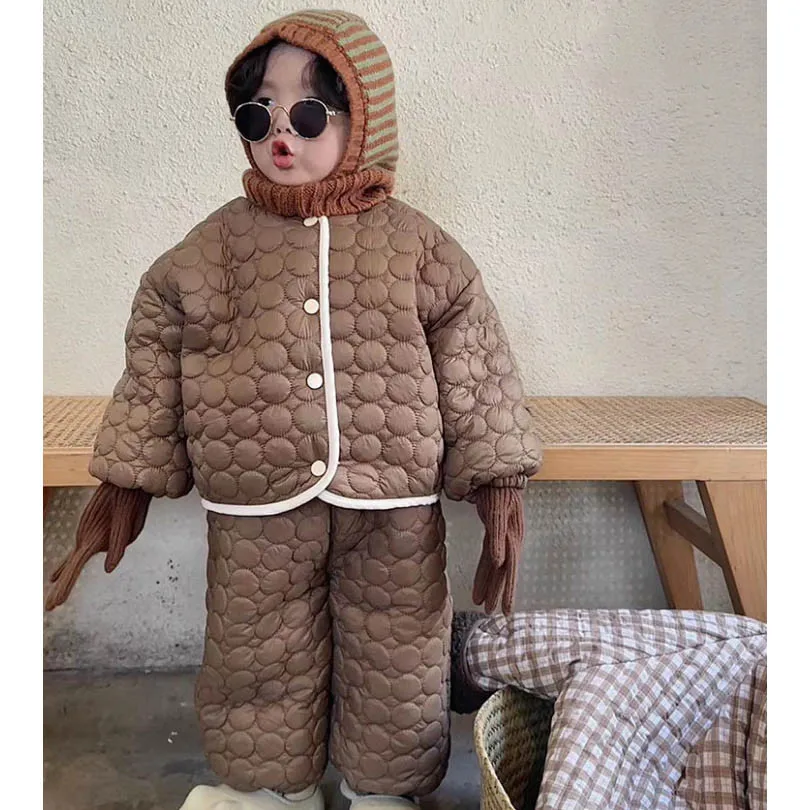 

Winter Kids Boys Quilted Jacke Two Pieces Set Baby Girls Loose Warm Warm Faux Fur Lining Coat Park and Padded Pants Suit Outfit