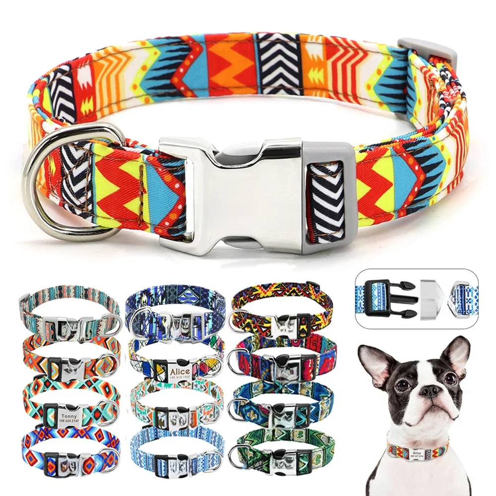 Collier de chien en nylon réglable colliers d'identification de chat de chiens personnalisés avec boucle de nom gravée anti-perte pour les chiens de petite, moyenne et grande taille