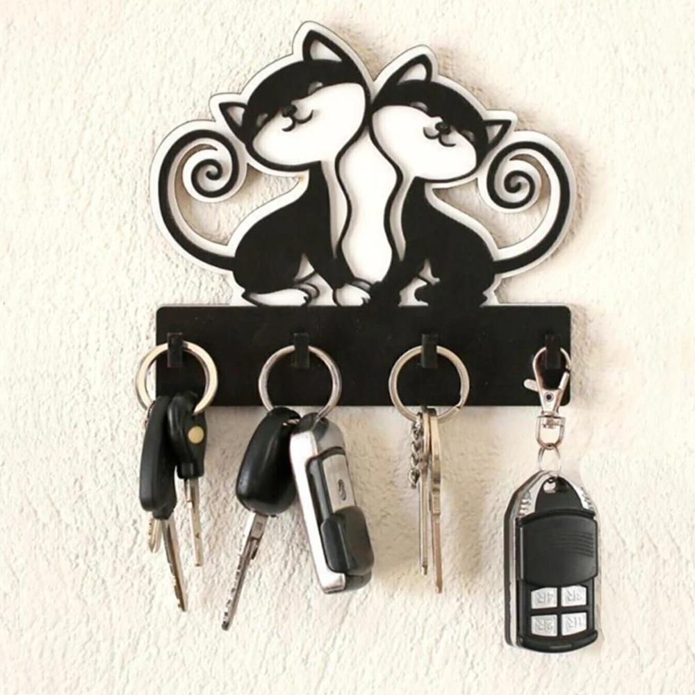 Cute Cats Home Wall Mounted Wood Key Holder 4 Hooks Organizer for Keys Hanging Rack Sweet Decorative House Furnishings