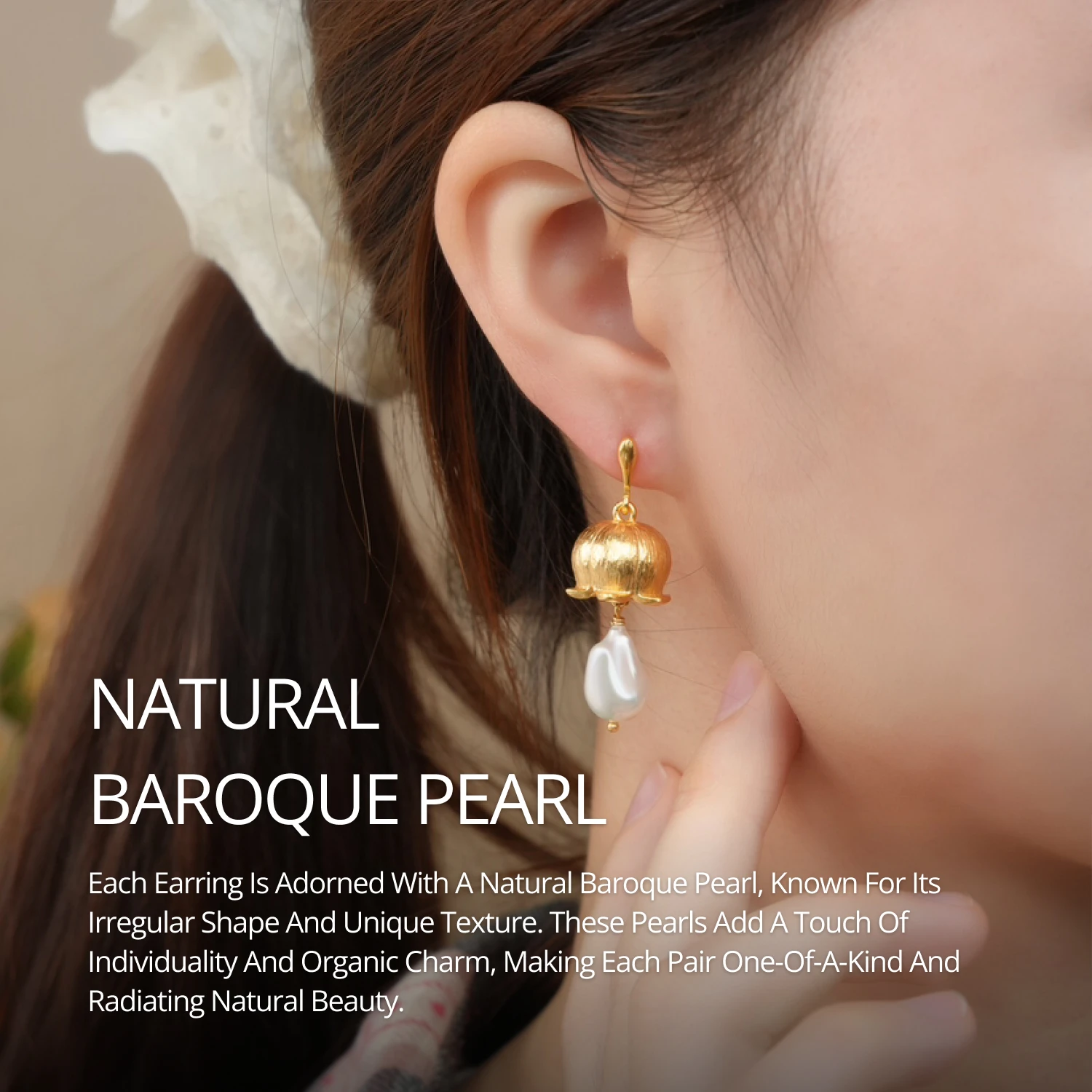 Flower Bud Earrings with Natural Baroque Pearl Luxury 24K Gold Plated Brushed Finish Drop Earrings for Women Jewelry Gift