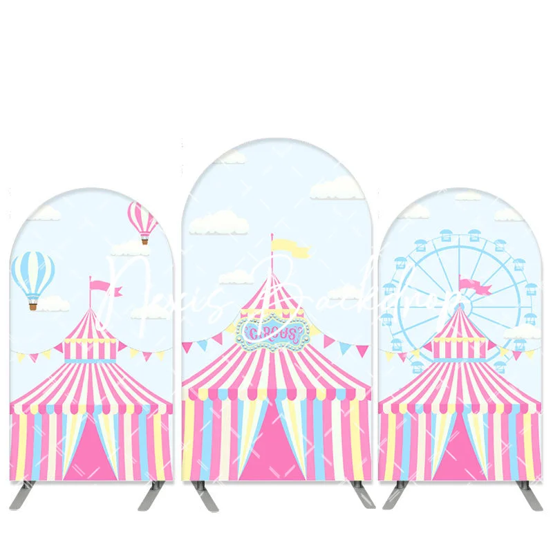 

Pink Circus Arch Backdrop for Girl Pastel Carnival Carousel Birthday Baby Shower Banner Big Top Tent Ferris Wheel Background