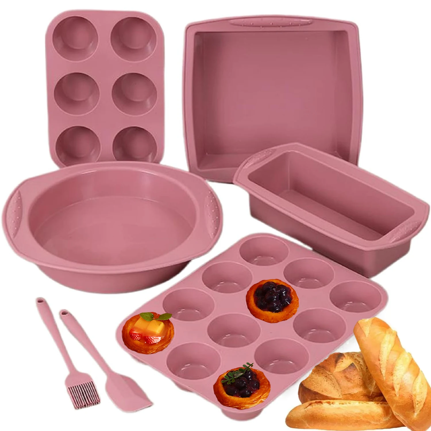 Set completo per la preparazione di dolci, in rosa – include: Stampi da forno (quadrati, rotondi, per toast, per muffin) realizzati in silicone resistente al calore (-40 ° C a 230 ° C) con spatola