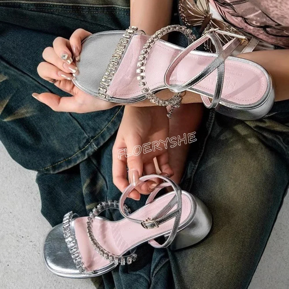 Sweet Silver Rhinestone Sandals Summer New Arrival Solid Women Round Toe Square High Heel Ankle Strap Buckle Fashion Dress Shoes