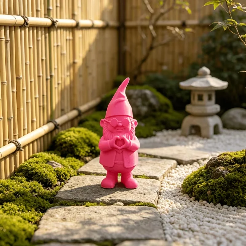 Pink Heart-Shaped Garden Elf Statues, Dwarf Statues Wearing Playful Sunglasses, and Holding Heart-Shaped Garden Decorations