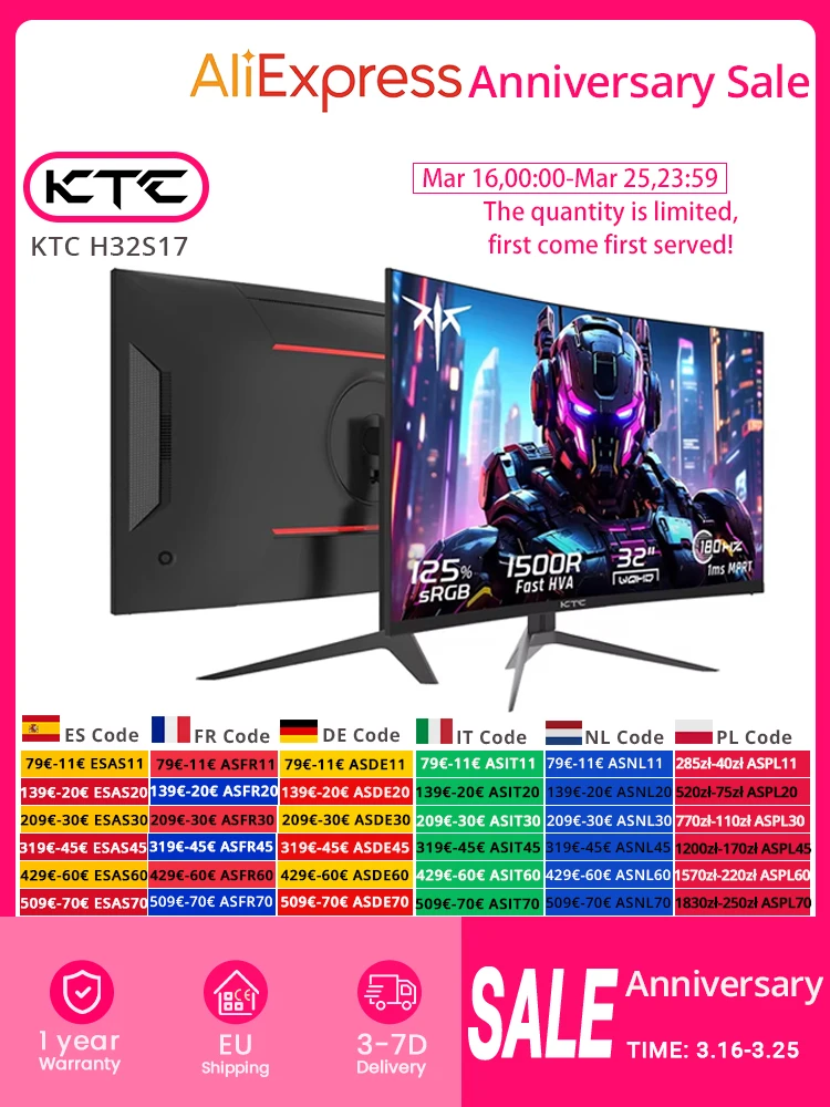 KTC H32S17 32 pouces 1500R moniteur de jeu incurvé 2560x1440 QHD 170Hz 16:9 ELED 99% sRGB avec trépied robuste affichage à montage VESA