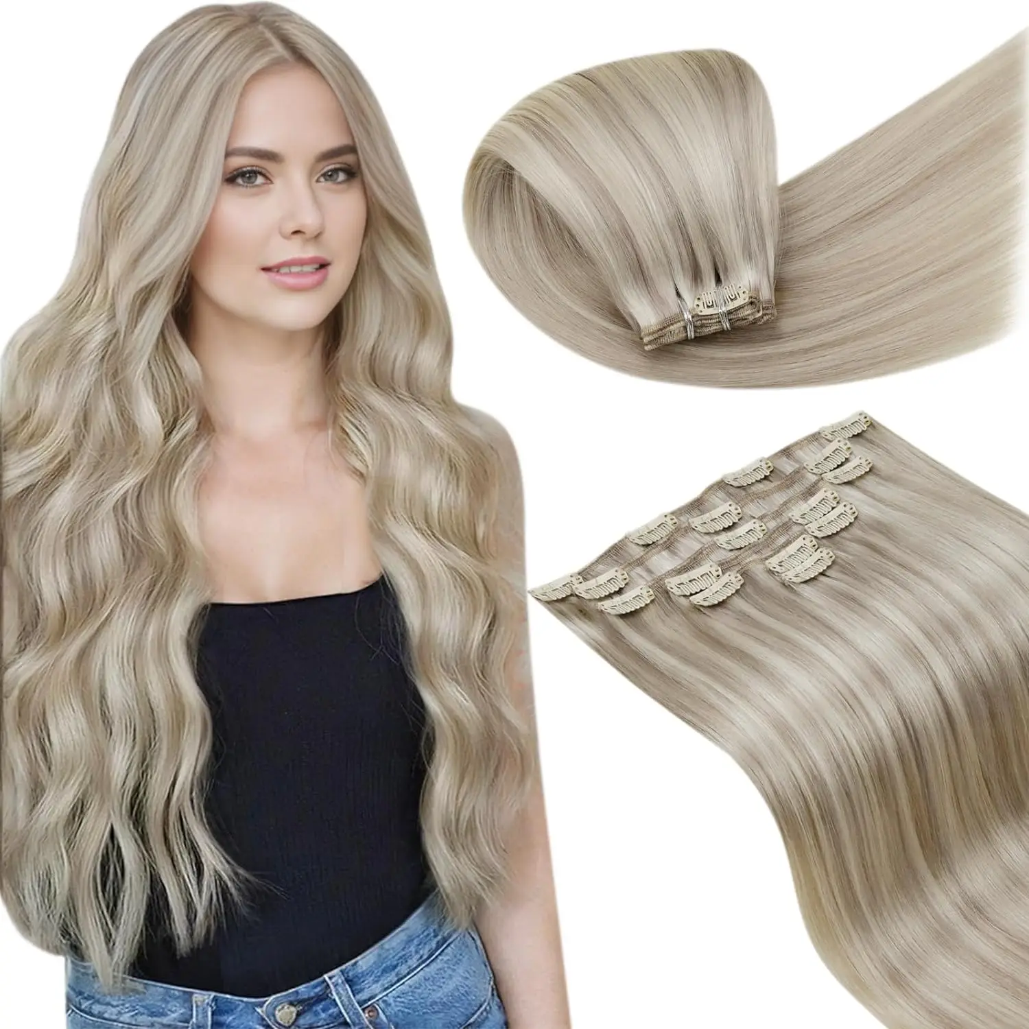 LaaVoo 100% Remy Hair Extensions Clip in Human Hair 12-24inch Real Natural Straight Double Weft Clip in Hair Extensions 80G&105G