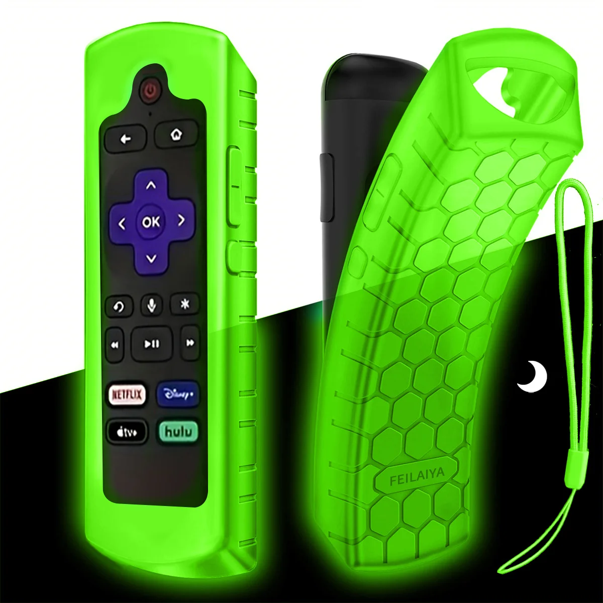 Glow in the dark premium silicone universal remote control cover with lanyard suitable for TCL Hisense Roku TV remote control