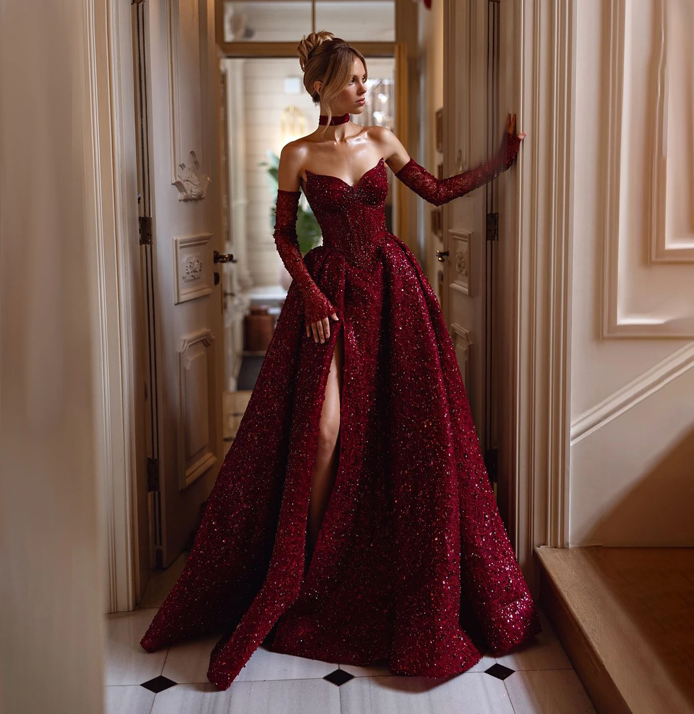 

Шарон Саид Дубай Красное элегантное вечернее платье без бретелек с кристаллами Роскошные перчатки для женщин Свадебное торжественное платье SF437 по индивидуальному заказу