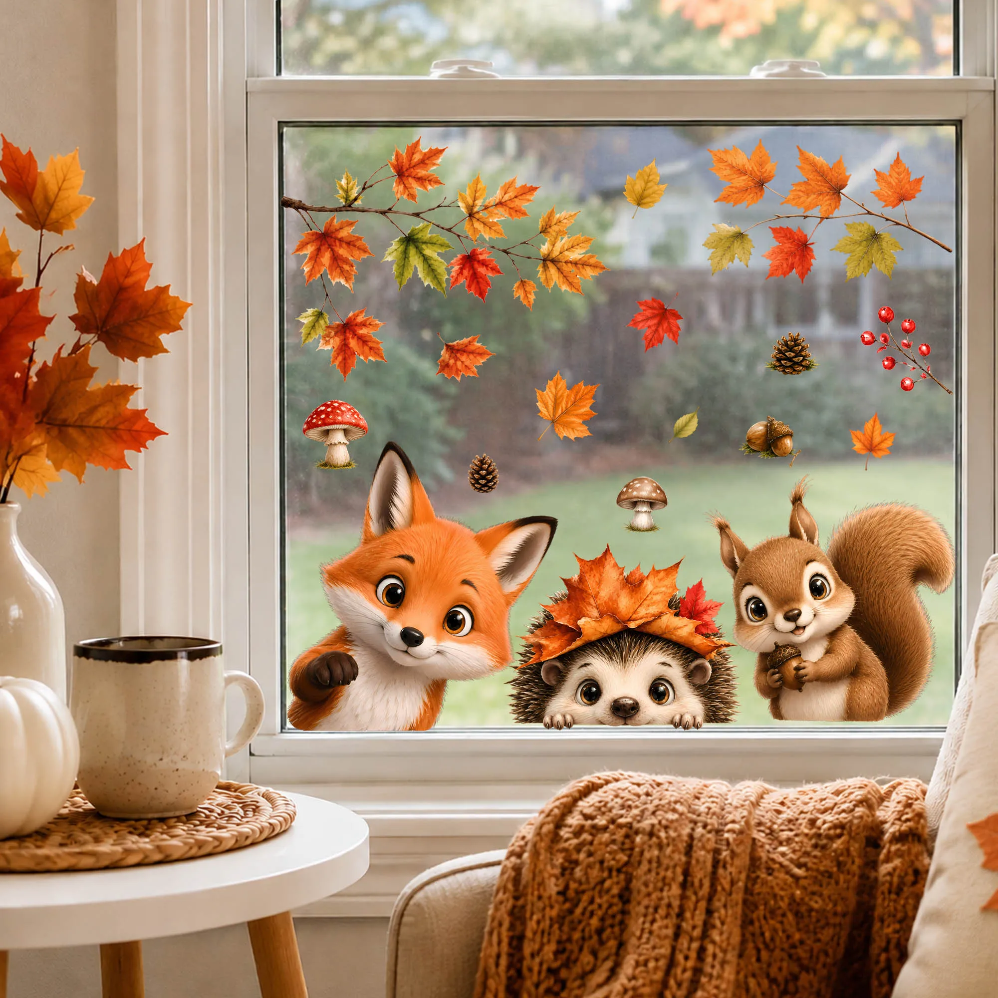 Fall Window Cling Autumn Leaves Window Sticker Woodland Animals Glass Door Decor Home Decoration