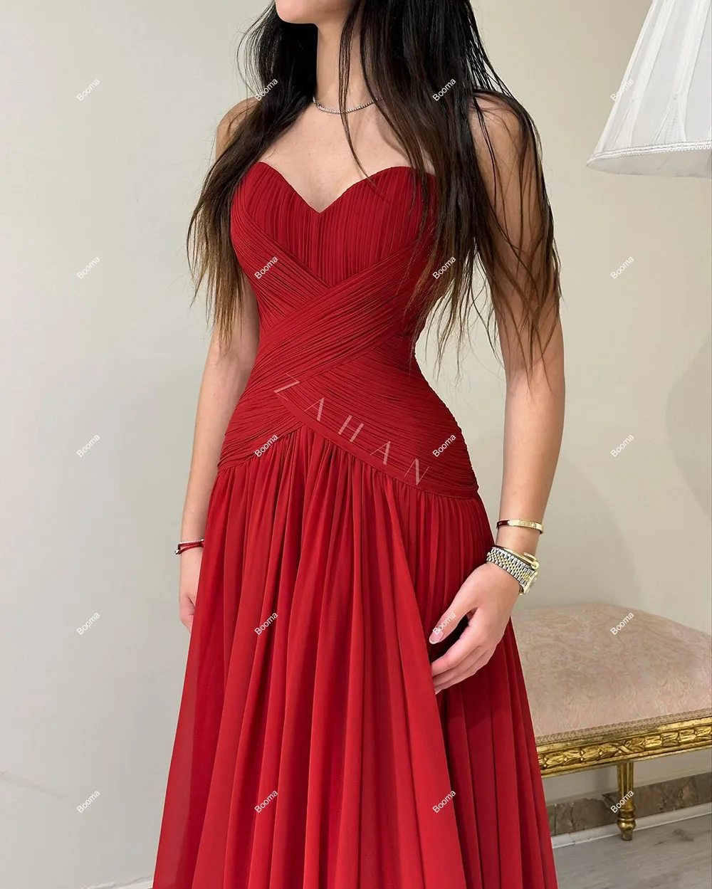 Booma Elegant A-Line Prom Dresses Sweetheart Pleats Chiffon Formal Party Dresses for Women Sadui Arabic Evening Dress Dubai