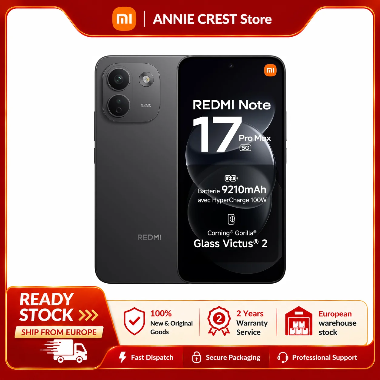 Xiaomi REDMI Note 17 Pro Max 5G-smartphone, 9210 mAh, 100W HyperCharge, IP68, 6,83 inch 1,5K AMOLED-scherm, Snapdragon 6 Gen5, 100% authentiek en gloednieuw.