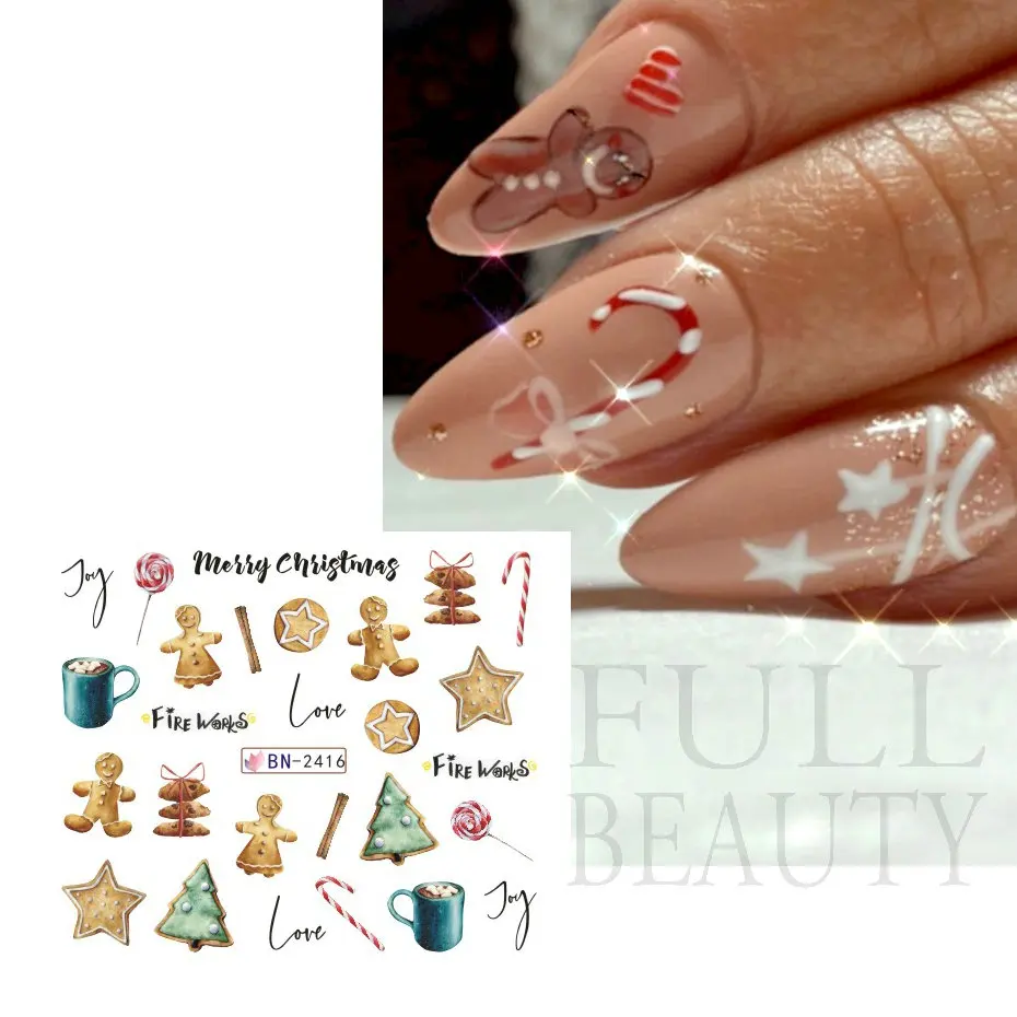 Christams Gingerbread Nails Stickers Xmas Bells Holly Water Sliders Sweet Coffee Cake Design Winter Decals Manicure BN2413-2424