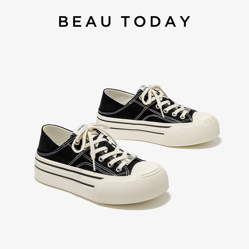 

BEAUTODAY Casual Sneakers Women Round Toe Thick Sole Canvas Lace Up Mixed Colors Platform Shoes with Silver Metal Buckle 29261