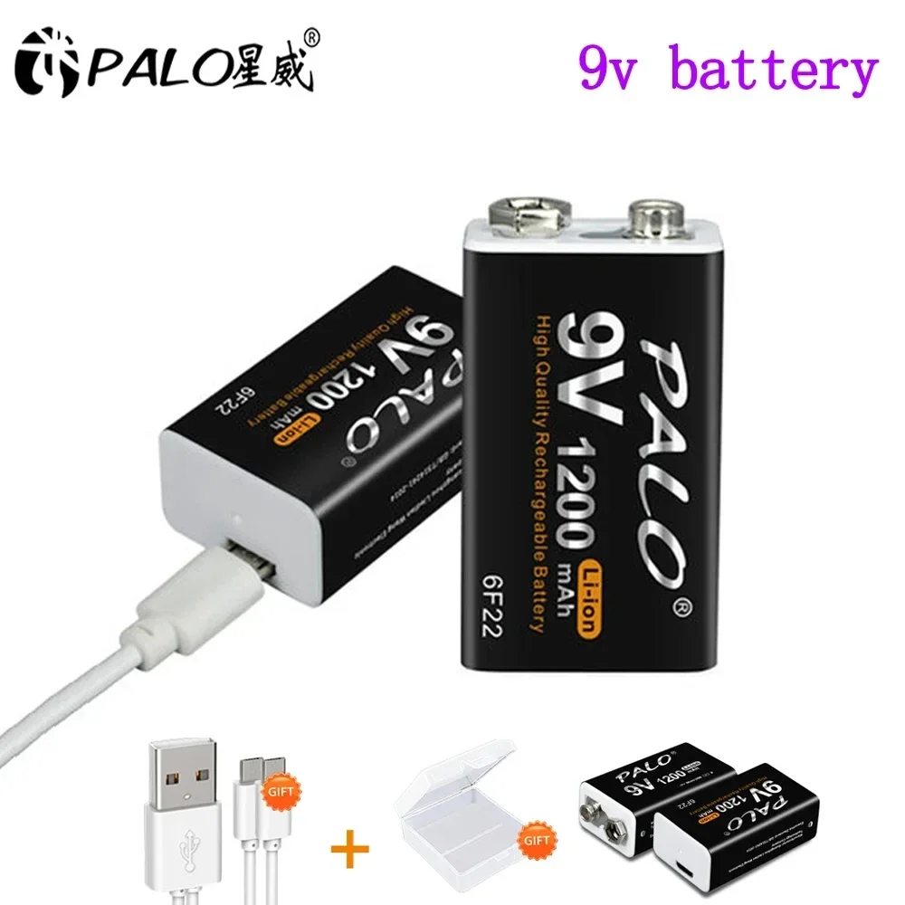 PALO 1200mAh 9V Rechargeable Battery 6F22 9V USB Charging Lithium Li-ion Batteries For Metal Detector Model Microphone Toy