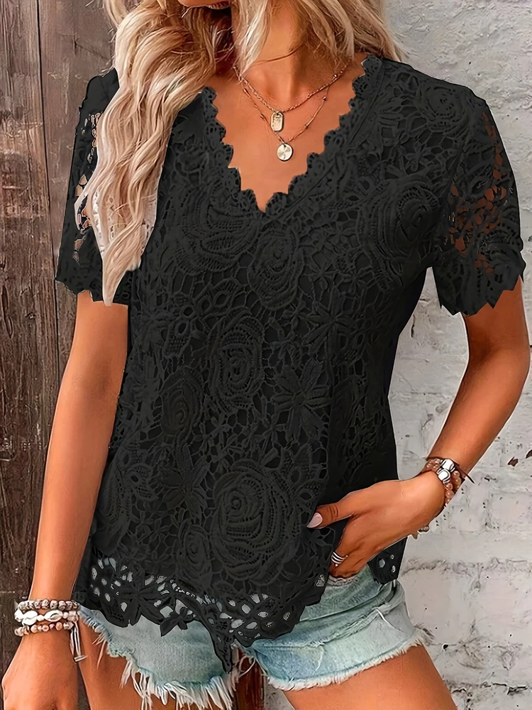 Retro Summer Lace Loose Women T Shirt Casual Solid White Elegant Patchwork Tee Pullover V-Neck Top Lady Fashion Streetwear