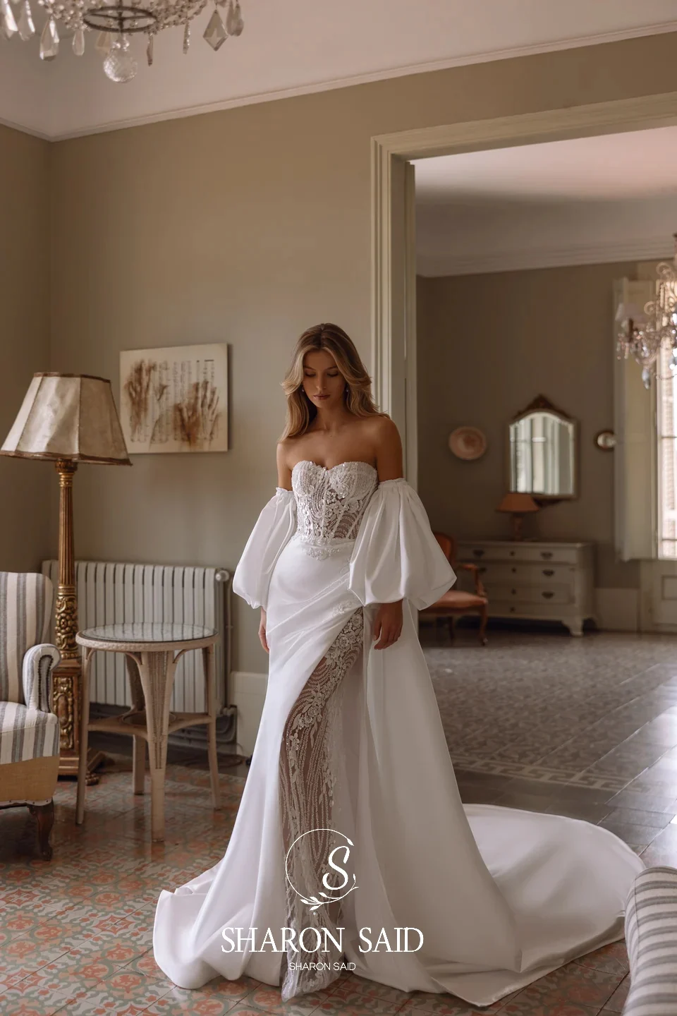 Sharon Said Romantic Mermaid Off White Satin Wedding Dress With Detachable Puff Sleeve Side Slit Bride Gowns SW418 Customized