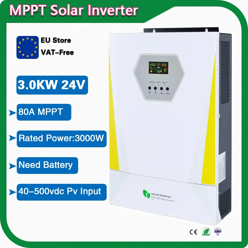 3000W 24V Pure Sine Wave Solar Inverter with Built-in 80A MPPT Solar Controller, Input Voltage Range 40-500VDC