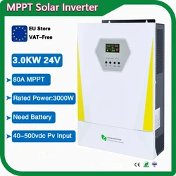 3000W 24V Zuivere Sinus Zonne-Energie Omvormer Met Ingebouwde 80a Mppt Zonne-Energie Controller, Ingangsspanning Bereik 40-500vdc