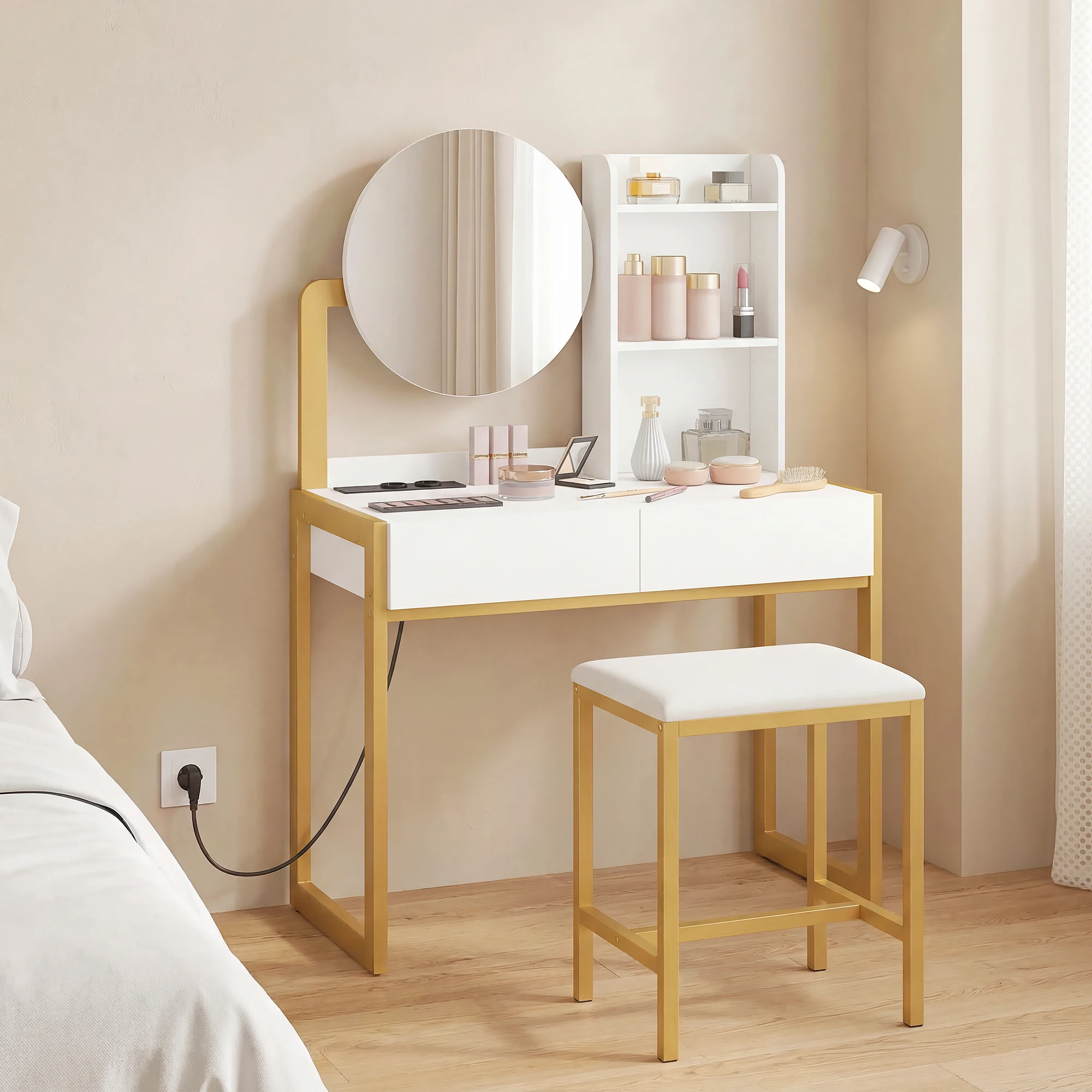 Coiffeuse avec miroir et tabouret, bureau de maquillage avec tiroirs et étagères ouvertes, meuble de rangement cosmétique pour chambre à coucher, station de maquillage domestique, meuble de rangement pour cosmétiques