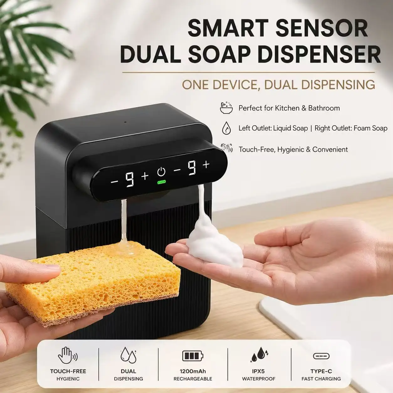 homefish-400ml-400ml-usb充電式タッチレスデュアルソープディスペンサー、キッチン＆バスルーム用壁掛け式