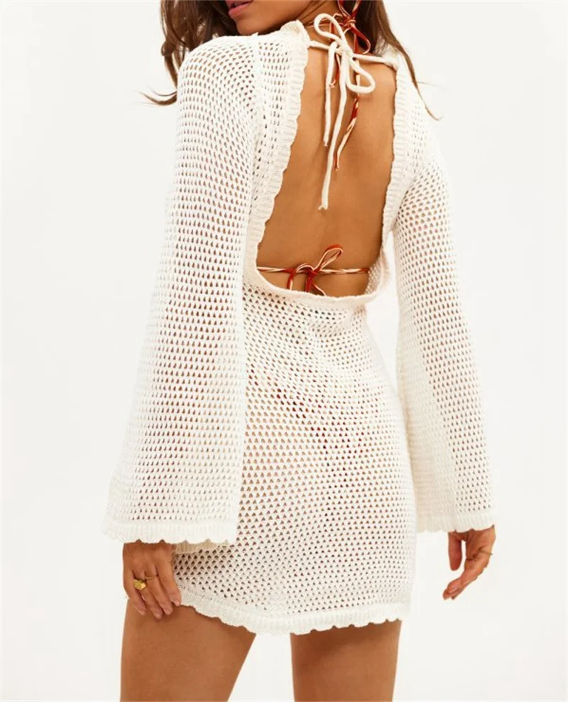 Women's Sexy Long Sleeve Backless Short Knit Dress Beach Hollow Out Crochet Bikini Cover-Up Summer Swimwear Female Swimsuit
