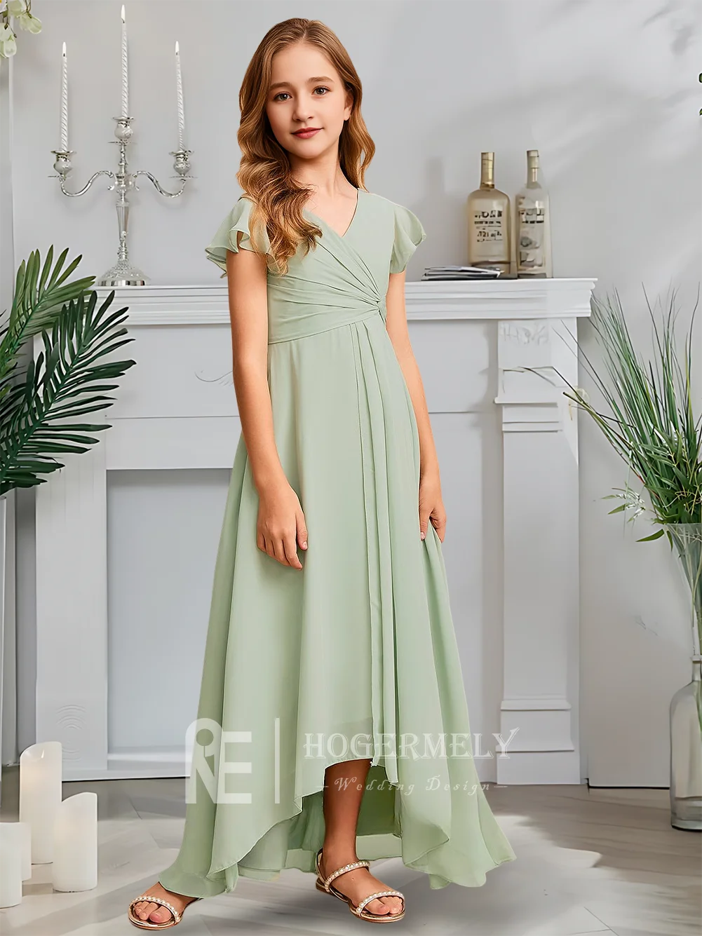 Роскошное платье подружки невесты с v-образным вырезом, туманное платье цвета селадона для девочек, асимметричное шифоновое платье трапециевидной формы, весеннее вечернее платье для свадебной вечеринки