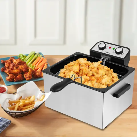Electric deep fryer. Features a stainless steel frying basket, 1800W, 5-litre non-stick inner pan, with adjustable temperature control and a removable lid – easy to clean, ideal for frying chicken, chips, fish and preparing quick home-cooked meals