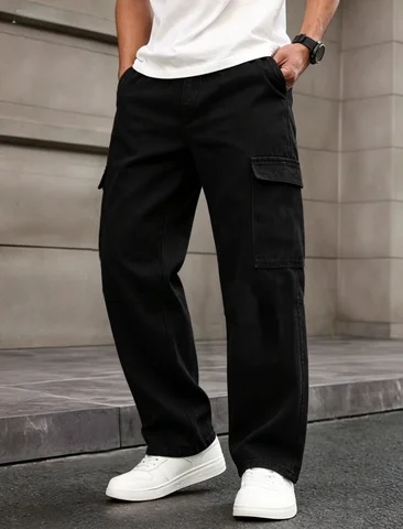 Men'S Black Multi-Pocket Cargo Pants Made from Non-Stretch Fabric, Loose-Fitting Casual Jeans, Suitable for Daily Outdoor Work in All Seasons, Machine Washable