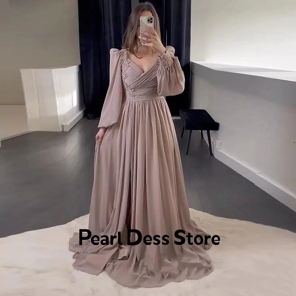 Pearl Dress New Evening Dress V-Neck Applique Beaded Long Sleeve Arabic Chiffon Prom Dress Suitable for Wedding Party Robe