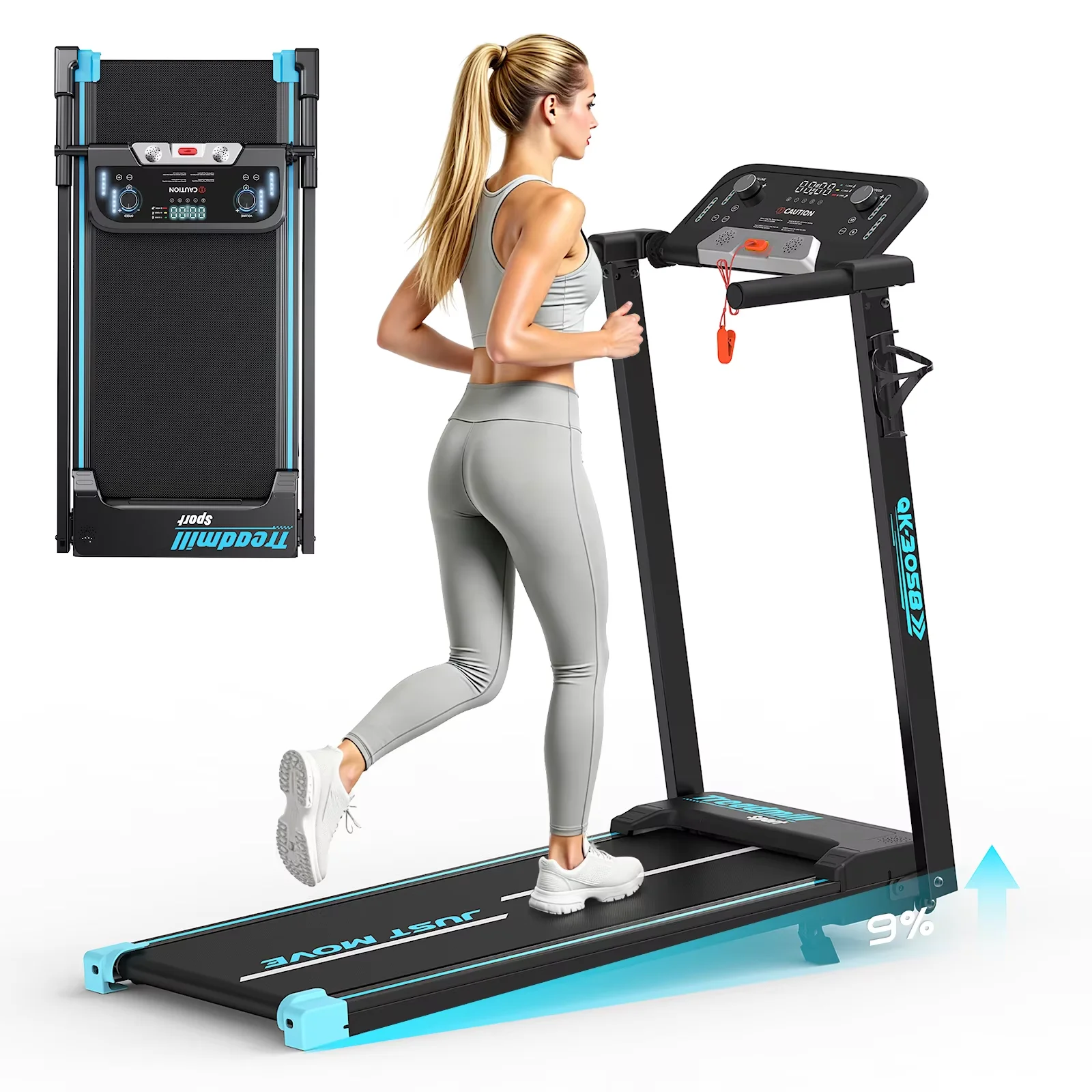 3-in-1 opvouwbare loopband, 0-9% hellingshoek, snelheid van 1-14 km/u, 3 pk stille motor, maximaal 130 kg draagvermogen, 5-laags antislipband, Bluetooth, dubbele bedieningsknoppen, wielen, voor