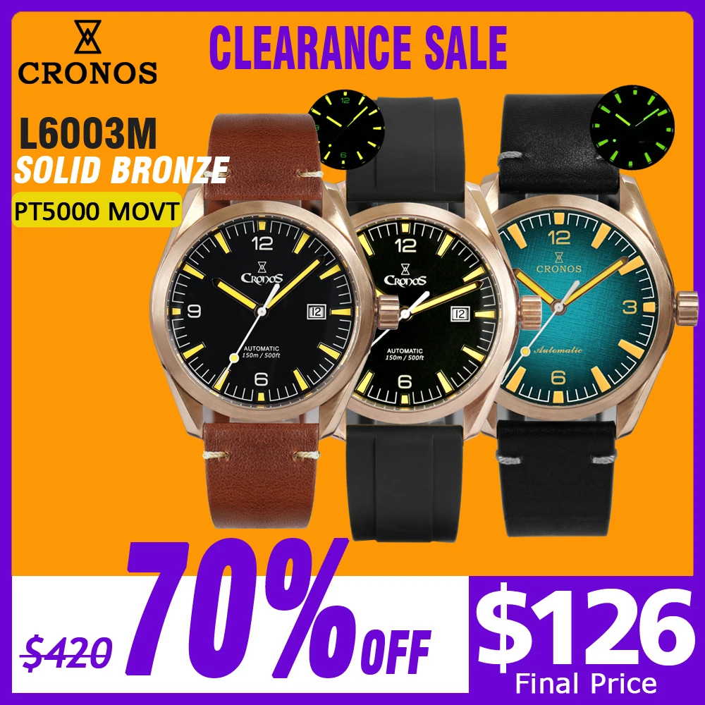 Cronos Diver Men Watch Bronze CuSn8 Automatic PT5000 SW200 Sapphire Crystal See through Back  Leather Strap 20ATM DATE L6003