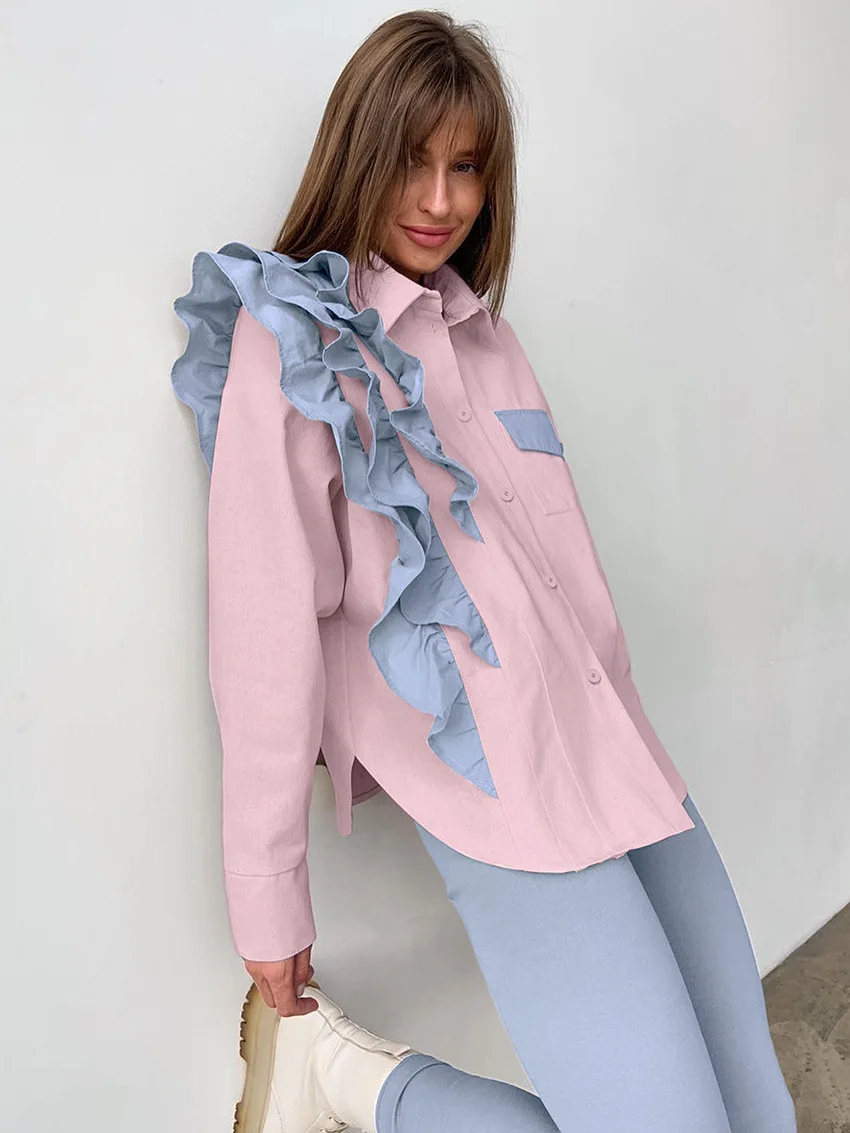 womens fashion 2024 flounce lapel single breasted irregular blouse casual color block loose blouse with pocket