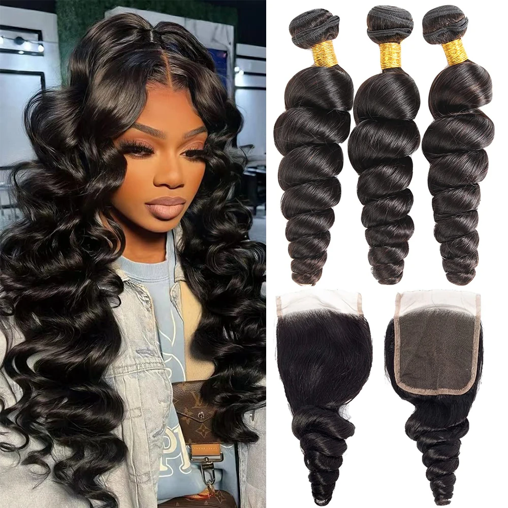 Loose Wave Human Hair Bundles With Closure Hair Weave 3/4 Bundles With HD Lace Frontal Brazilian Remy Human Hair Extensions