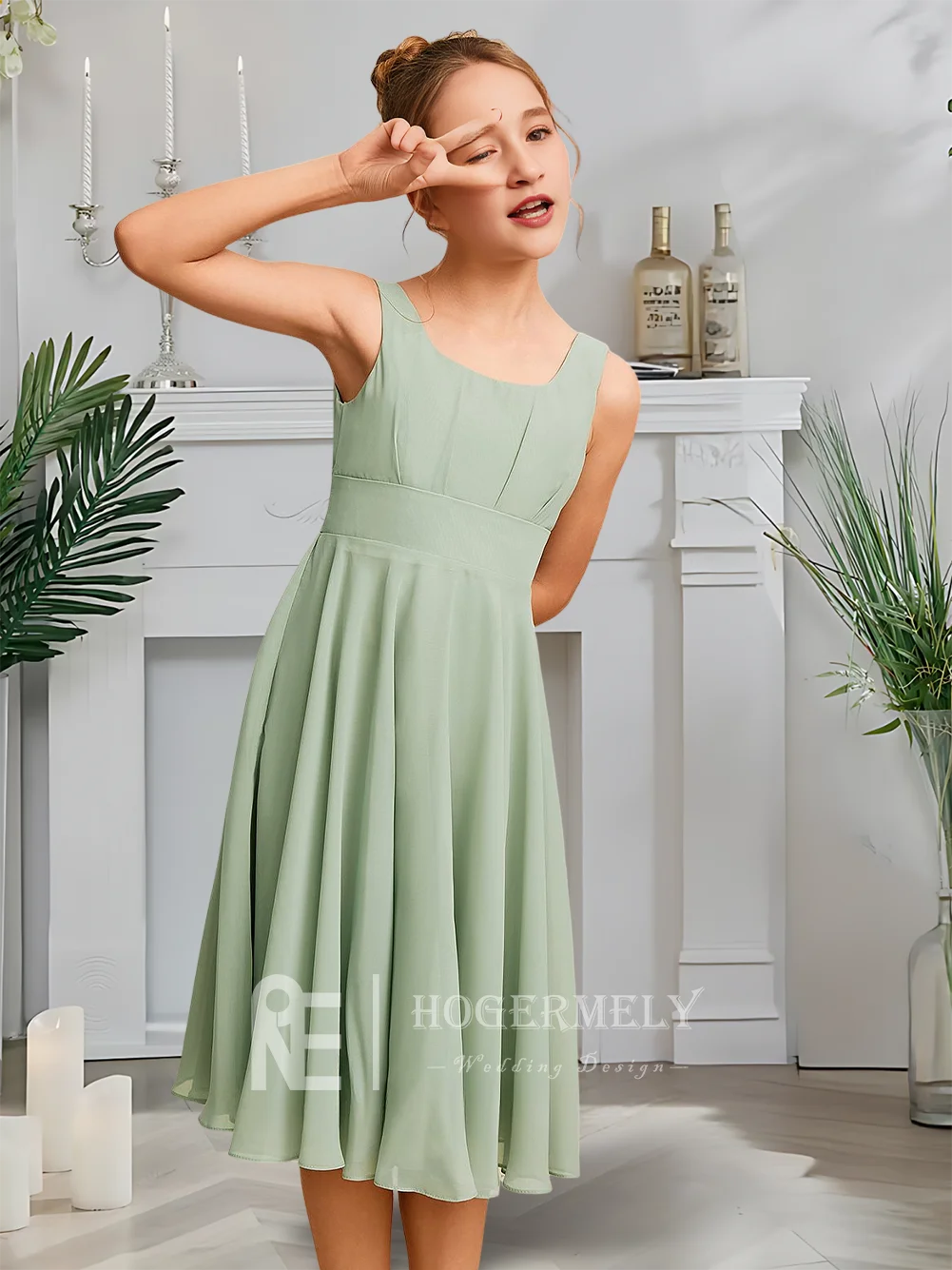 Aライン ジュニア ブライズメイドドレス 月明かり セラドン フラワーガールドレス スクエアネック シフォン 膝丈 ガーデンパーティー 結婚式