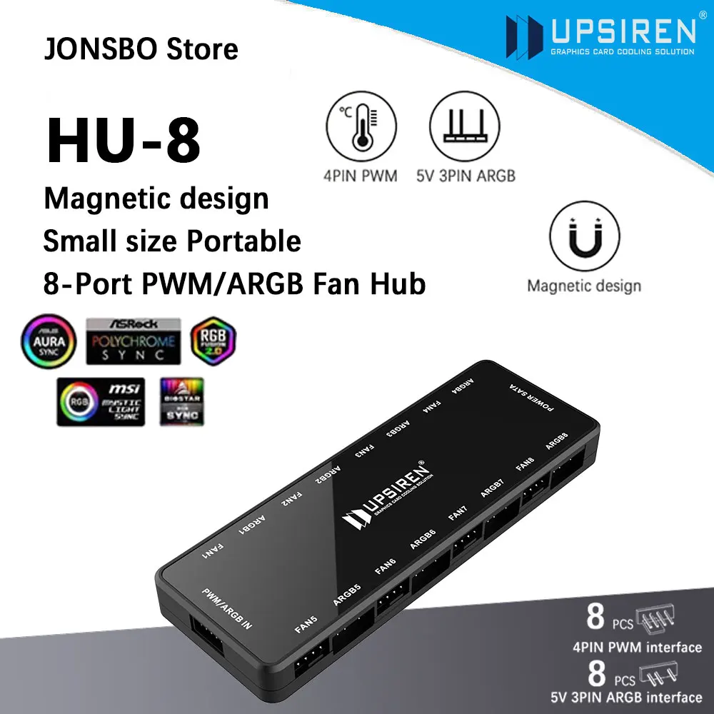UPSIREN HU-8 Chassis Fan Hub，8 Sets of ARGB and PWM Interfaces,Bottom magnetic design，Support motherboard synchronization