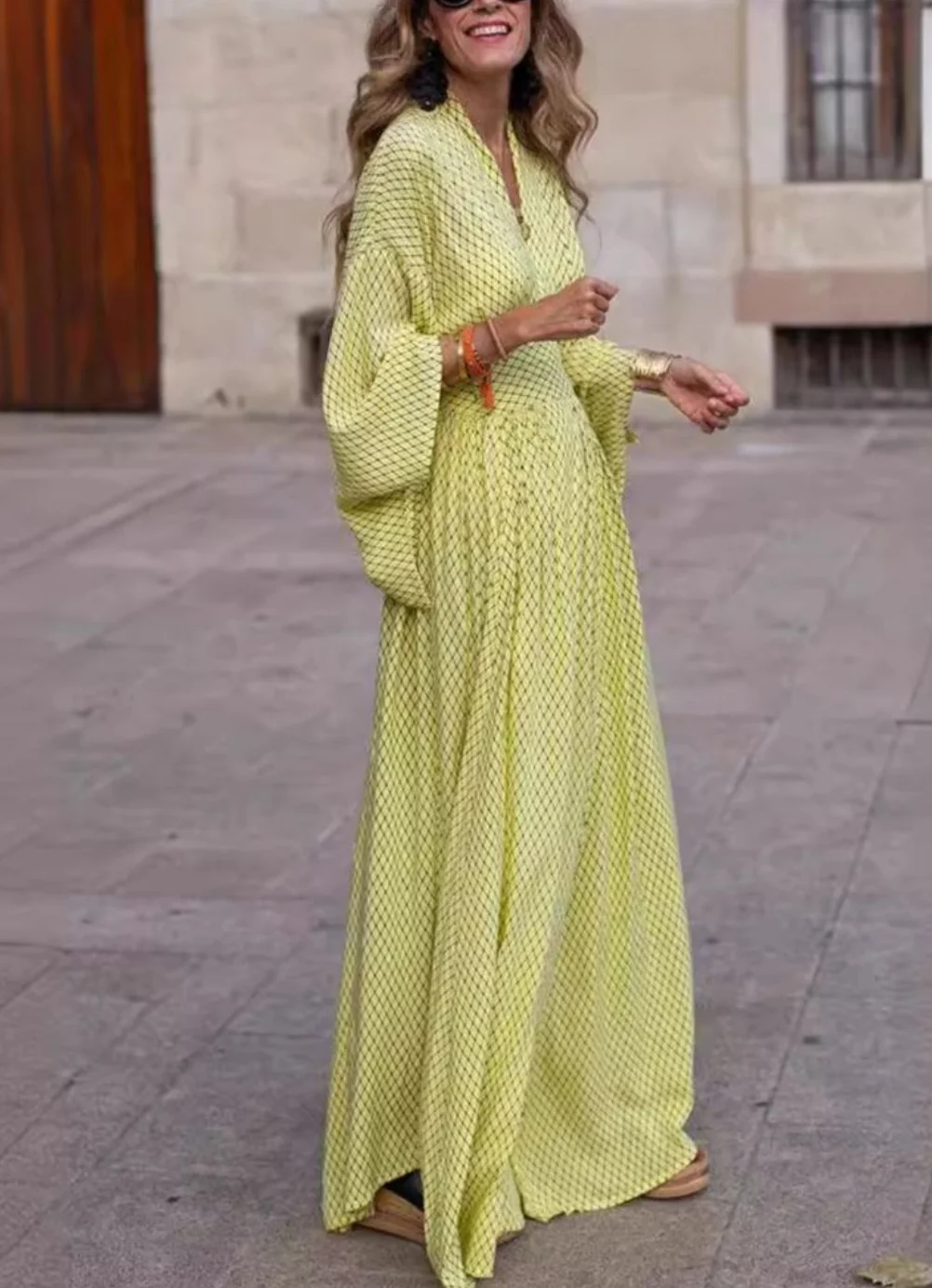 Geometric Print Maxi Dress Women - Batwing Sleeve V-Neck Pleated Waist Swing Dress for Fall Evening Parties & Events