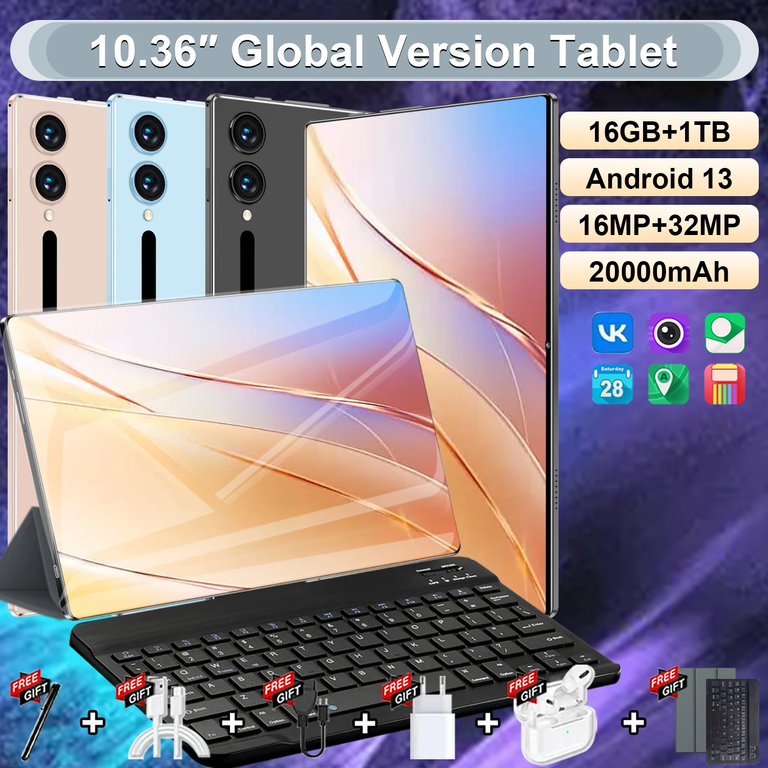 Tablet PC de 10.36 Pulgadas, Android 13, Cámara Dual, Doble SIM, 5G, Google Play, 14 Núcleos, Bluetooth, Wifi, 16GB RAM + 1TB ROM