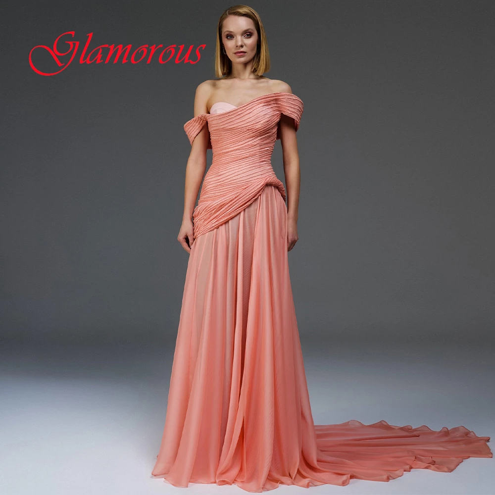 Customized Temperament Chiffon Evening Dress Elegant Boat Neck Appliques Prom Dresses Sexy Sweep Train Special Occasion Gowns