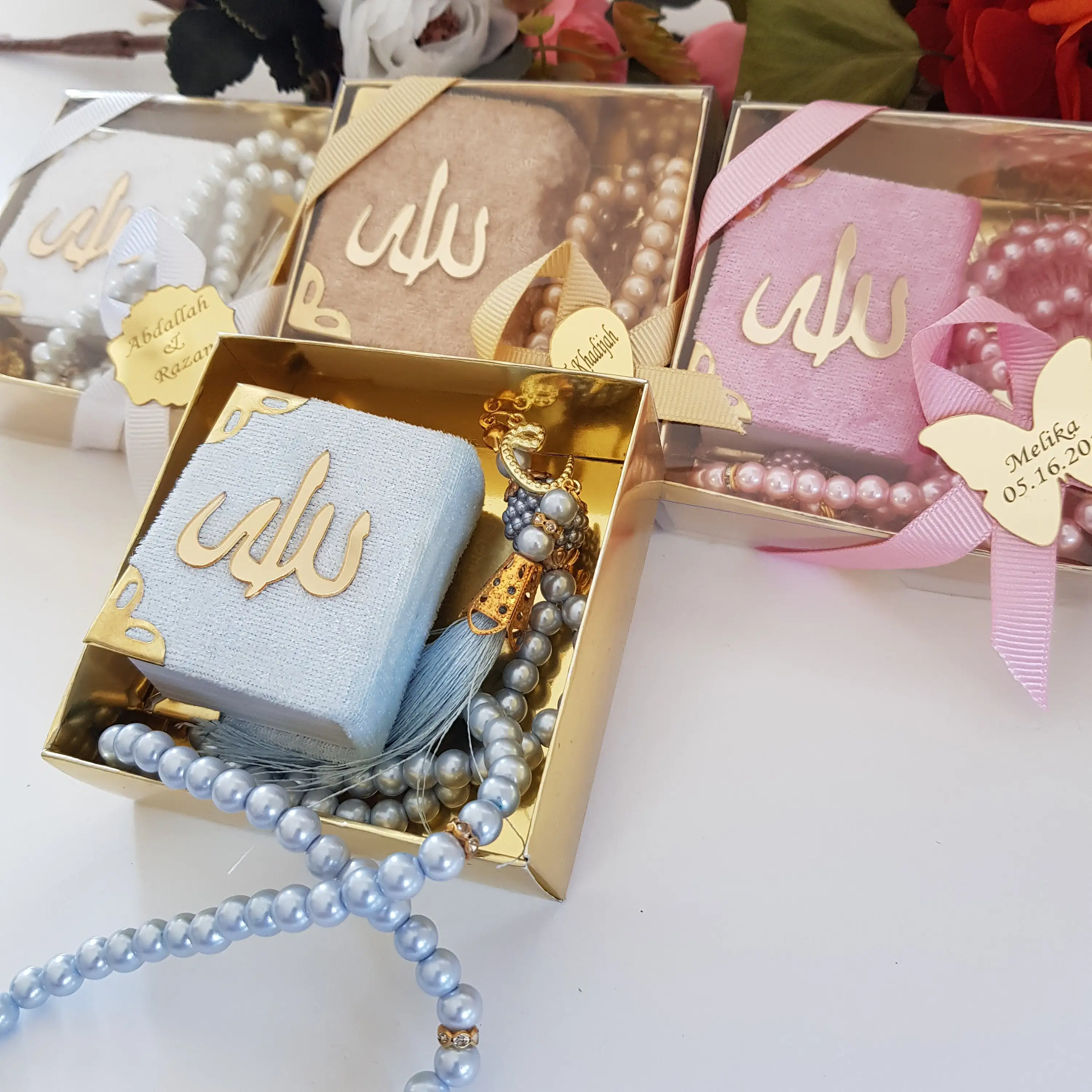 Minicaja de terciopelo de colores mezclados, caja decorada con perlas del Corán, juego de regalo, recuerdo de Eid, recuerdos de boda, recuerdo de Baby Shower, 10 piezas