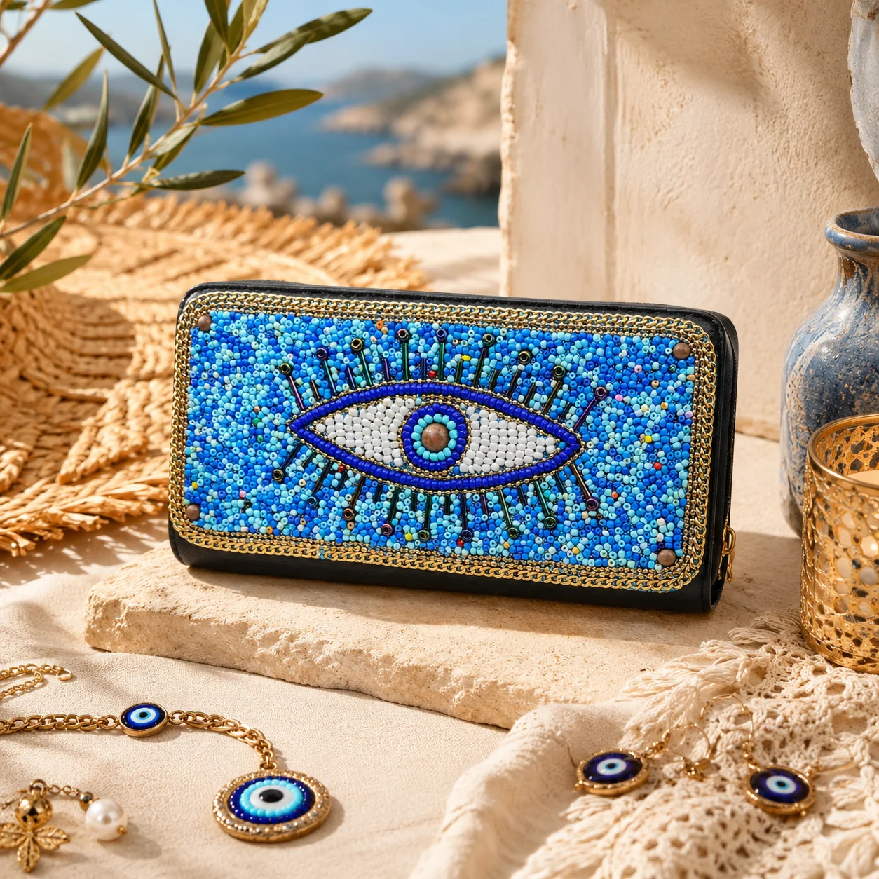 

Boho Evil Eye Beaded Long Wallet for Women Handmade Blue Clutch Purse Ethnic Style Zipper Card Holder Phone Wallet Fashion Gift