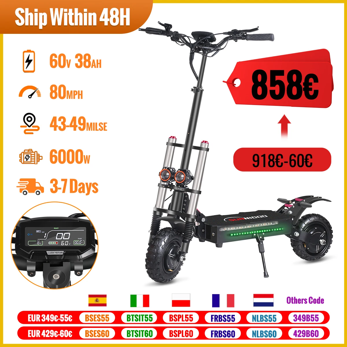 6000W Potente Scooter Elettrico 60V 38Ah Velocità Massima 85 km/h 100 km Gamma 11 '' Pneumatici Doppio Ammortizzante Pieghevole EScooter per Adulti