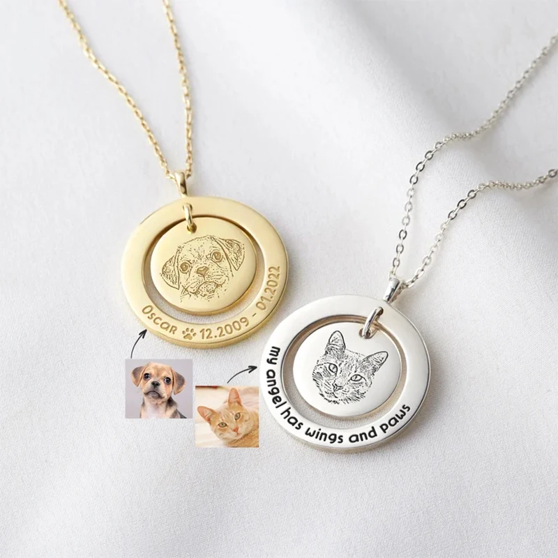 Custom Pet Portrait Necklace Dog Memorial Pendant Custom Name Photo Necklaces For Women Pet Lover Cat Gold Pets Jewelry Gift