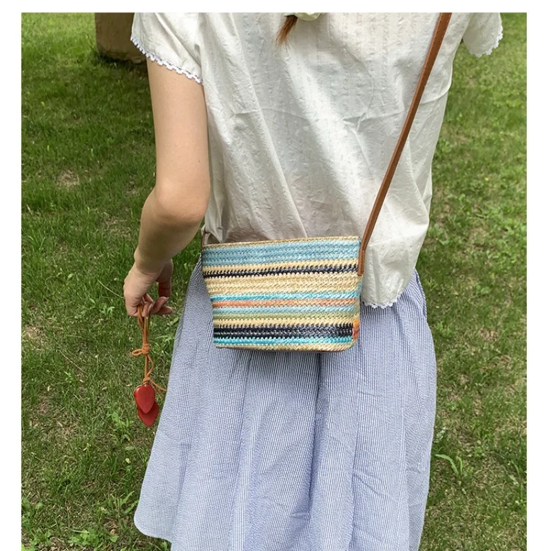 Summer Rainbow Stripe Woven Crossbody Bag, With Adjustable Leather Strap, Lightweight & Casual For Vacation