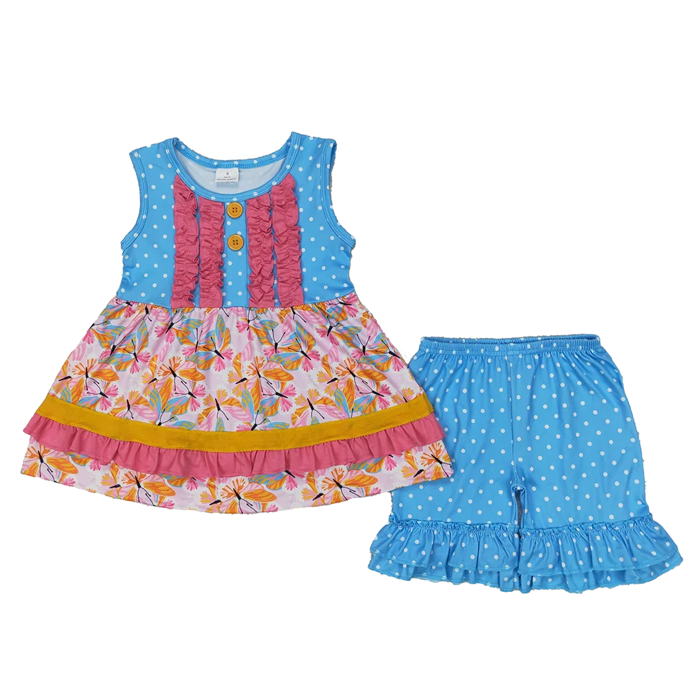 

GSSO2199 Baby Girls Summer Outfits Butterfly ruffle tunic polka dots shorts girls clothes
